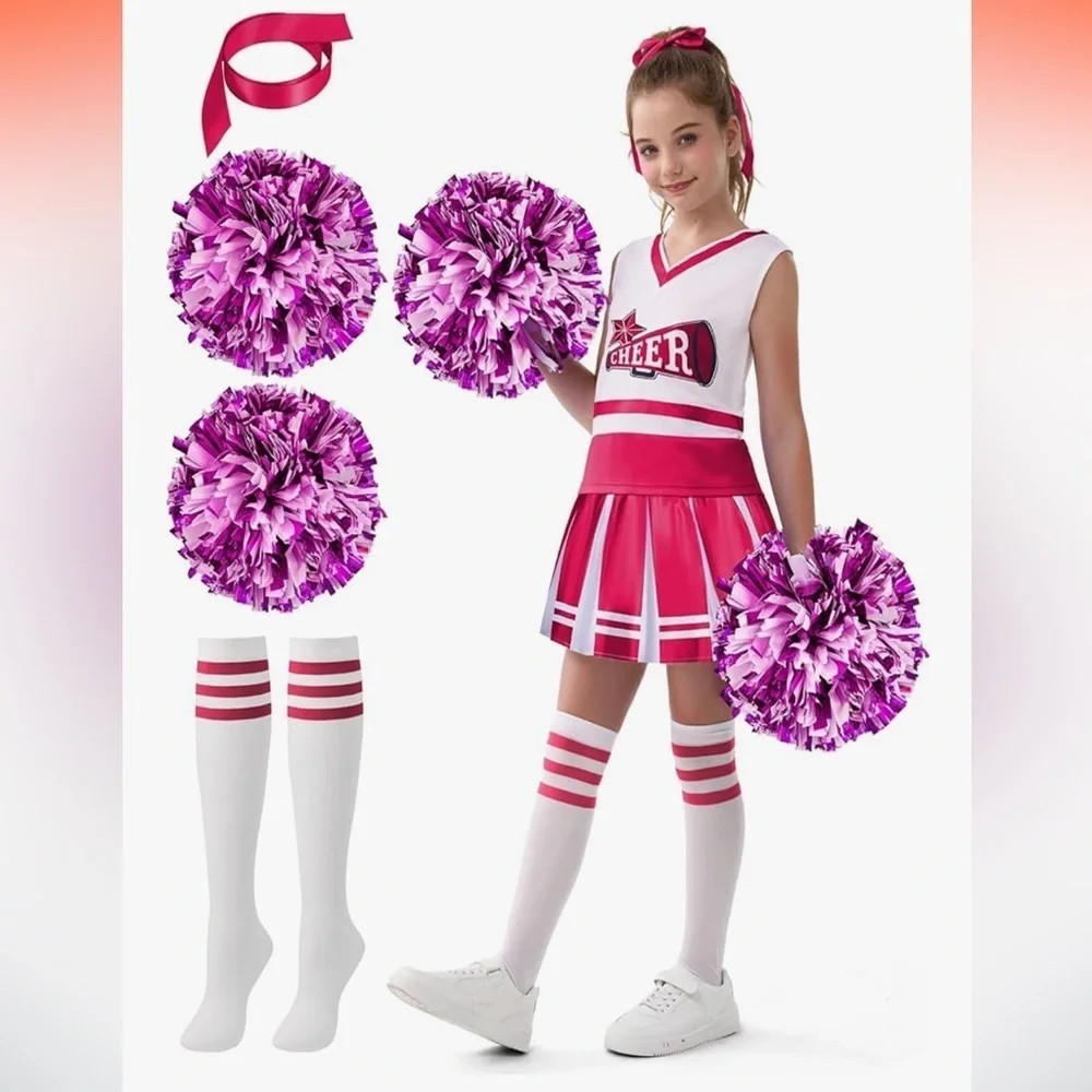 NWT Pink Cheerleader Uniform with Pom Poms, Socks, a ribbon costume size 8-10